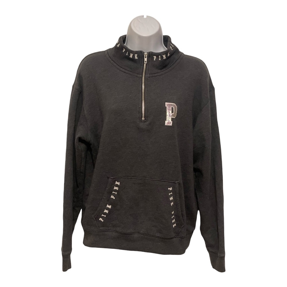 PINK Victoria's Secret Charcoal Gray Sequined P Logo Half Zip Sweatshirt Women's